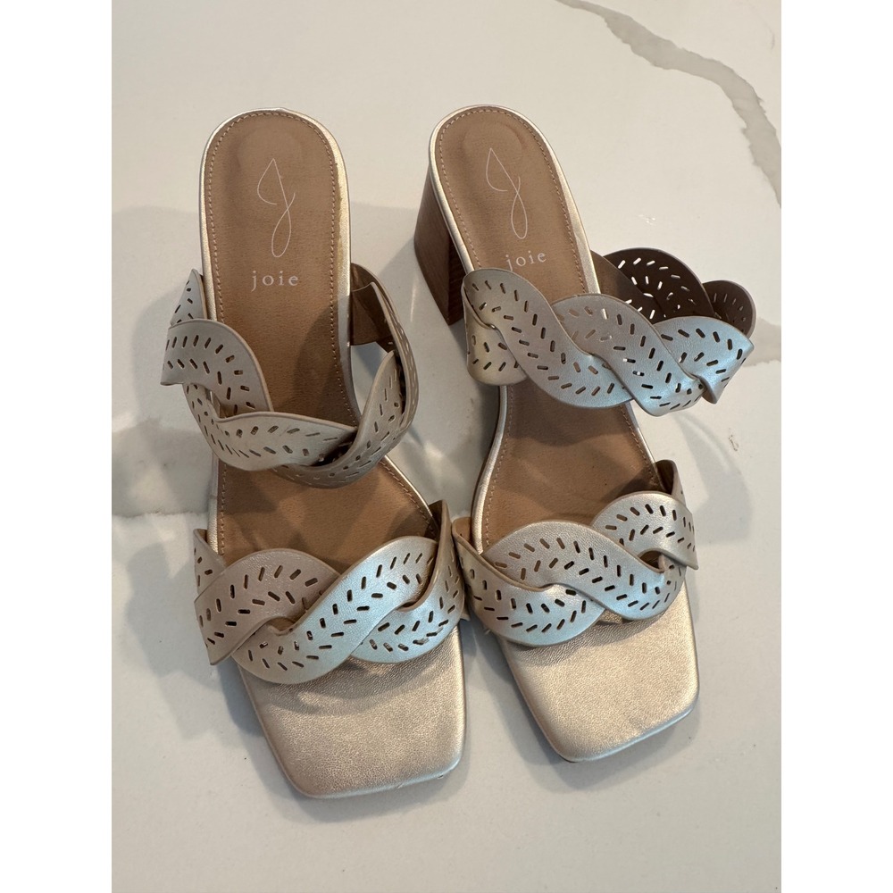 Joie Society Gold Metallic Perforated Block Heel Slide‎ Sandals Square Toe 10M